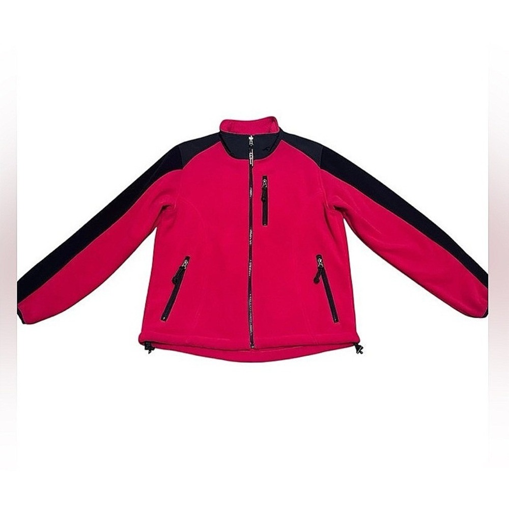 LL Bean Womens Medium Fleece Jacket Red Black Full Zip Made in USA Medium